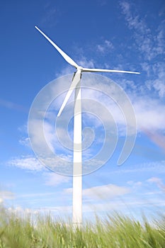 Wind turbine in field on day, low angle view. Alternative energy source