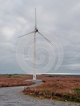 Wind turbine in a field. Grey cloudy sky in the background. Nobody. Renewable energy source