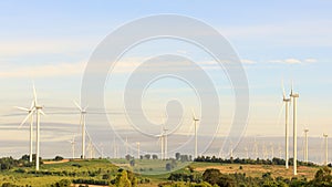 Wind turbine field on the hill for renewable energy source.