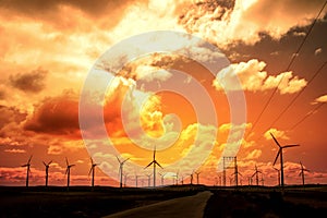 Wind turbine field at sunset