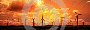 Wind turbine field at sunset dramatic sky