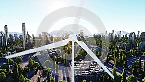 Wind turbine. futuristic city, town. The concept of the future. Aerial view. Super realistic 4k animation.