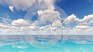 Wind turbine generating electricity on sea 3D render