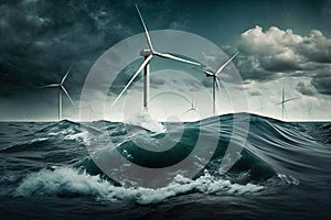 wind turbine generating electricity on sea. Ai generative