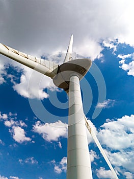 A wind turbine gracefully spins against a vibrant blue sky backdrop in Flevoland, Netherlands