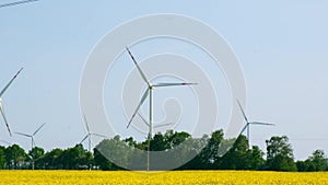 Wind turbine on grassy yellow farm canola field against cloudy blue sky in rural area. Concept of climate friendly