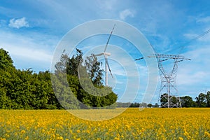 Wind turbine on grassy yellow field against cloudy blue sky in rural area during sunset. Offshore windmill park with