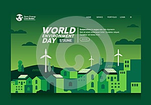 Wind Turbine In Green Eco city Background Alternative Energy Source Technology banner template web