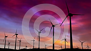 Wind turbine green energy farm at sunset - 3d animation.