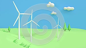 Wind turbine green hill blue sky cartoon style abstract 3d render,renewable energy environment save earth concept