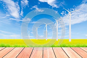 Wind turbine on green rice field against blue sky background