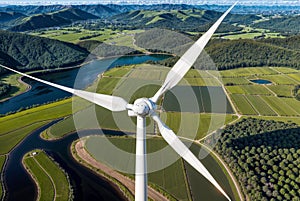 Wind Turbine in Green Valley: Mountains & River Scene, generative ai