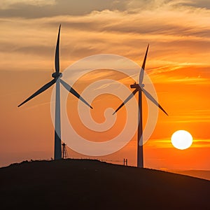 Wind turbine harnesses clean energy atop hill during sunset
