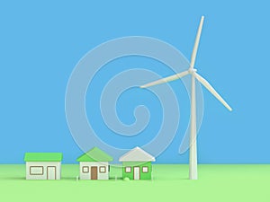 Wind turbine house abstract green blue background 3d render,renewable energy environment save earth concept