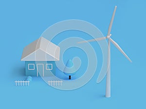 Wind turbine house of blue abstract scene 3d render,renewable energy environment save earth concept