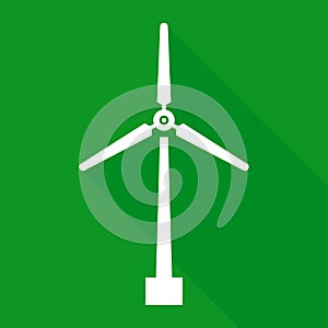 Wind turbine icon with long shadow, green energy symbol, windmill silhouette, white isolated on green background, vector illustrat