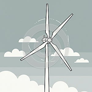 Wind turbine illustration featuring a three-bladed rotor positioned against a backdrop photo