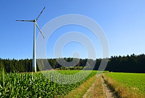 Wind turbine on meadow in summer rural landscape.