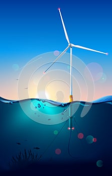 Wind turbine on offshore. Wind generator construction. Subsea or underwater view. Windmill connection power cable on seabed. Power