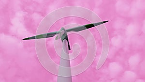 Wind turbine in the pink sky. Illusions and disappointed expectations of wind energy.Wind generator in pink clouds. Wind