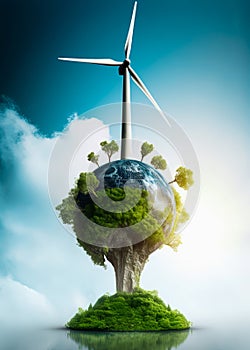 Wind turbine powering planet earth. Renewable, sustainable energy concept. Generative Ai