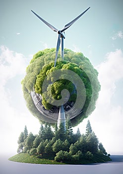 Wind turbine powering planet earth. Renewable, sustainable energy concept. Generative Ai