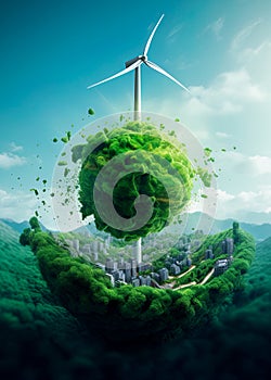 Wind turbine powering planet earth. Renewable, sustainable energy concept. Generative Ai