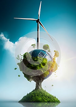 Wind turbine powering planet earth. Renewable, sustainable energy concept. Generative Ai