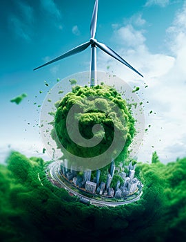 Wind turbine powering planet earth. Renewable, sustainable energy concept. Generative Ai