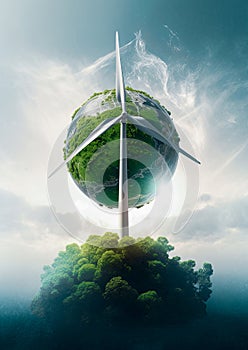 Wind turbine powering planet earth. Renewable, sustainable energy concept. Generative Ai