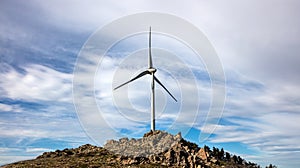 Wind turbine, renewable energy on a rocky hill