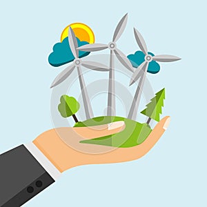 Wind Turbine - Renewable Energy Sources In Open Cartoon Hand