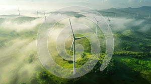 Wind turbine renewable energy windfarm with windmills aerial view with fog in green field