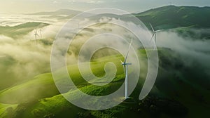 Wind turbine renewable energy windfarm with windmills aerial view with fog in green field