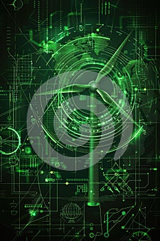 Wind turbine schematic with digital interface and green overlay.