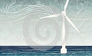 Wind turbine and seascape with birds for green energy wind power illustration background