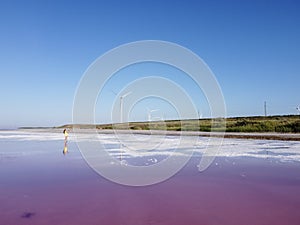 Wind turbine on the shores of Pink Lake