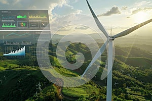 A wind turbine is shown in a lush green field with a clear blue sky