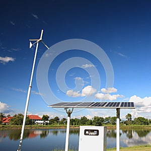 Wind turbine and solar panel.