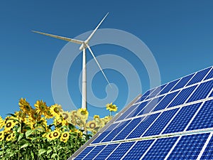 Wind turbine, solar panel and sunflowers