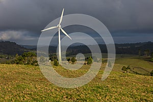 A wind turbine in sunlight with a storm in the background and cattle at its base.