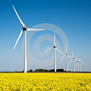 Wind turbine in a yellow field of rapeseed