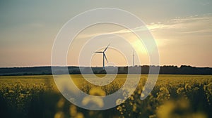 Wind turbine in a yellow flower field, Alternative energy. Generative AI