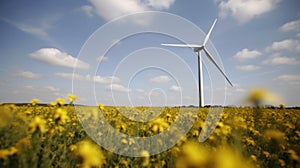 Wind turbine in a yellow flower field, Alternative energy. Generative AI