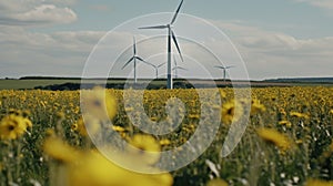 Wind turbine in a yellow flower field, Alternative energy. Generative AI