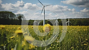 Wind turbine in a yellow flower field, Alternative energy. Generative AI