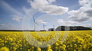 Wind turbine in a yellow flower field, Alternative energy. Generative AI