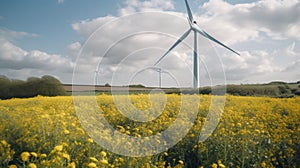 Wind turbine in a yellow flower field, Alternative energy. Generative AI