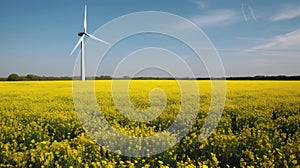 Wind turbine in a yellow flower field, Alternative energy. Generative AI