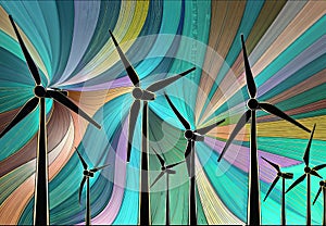 Wind turbines on abstract colorful background. Renewable energy concept., generative ai